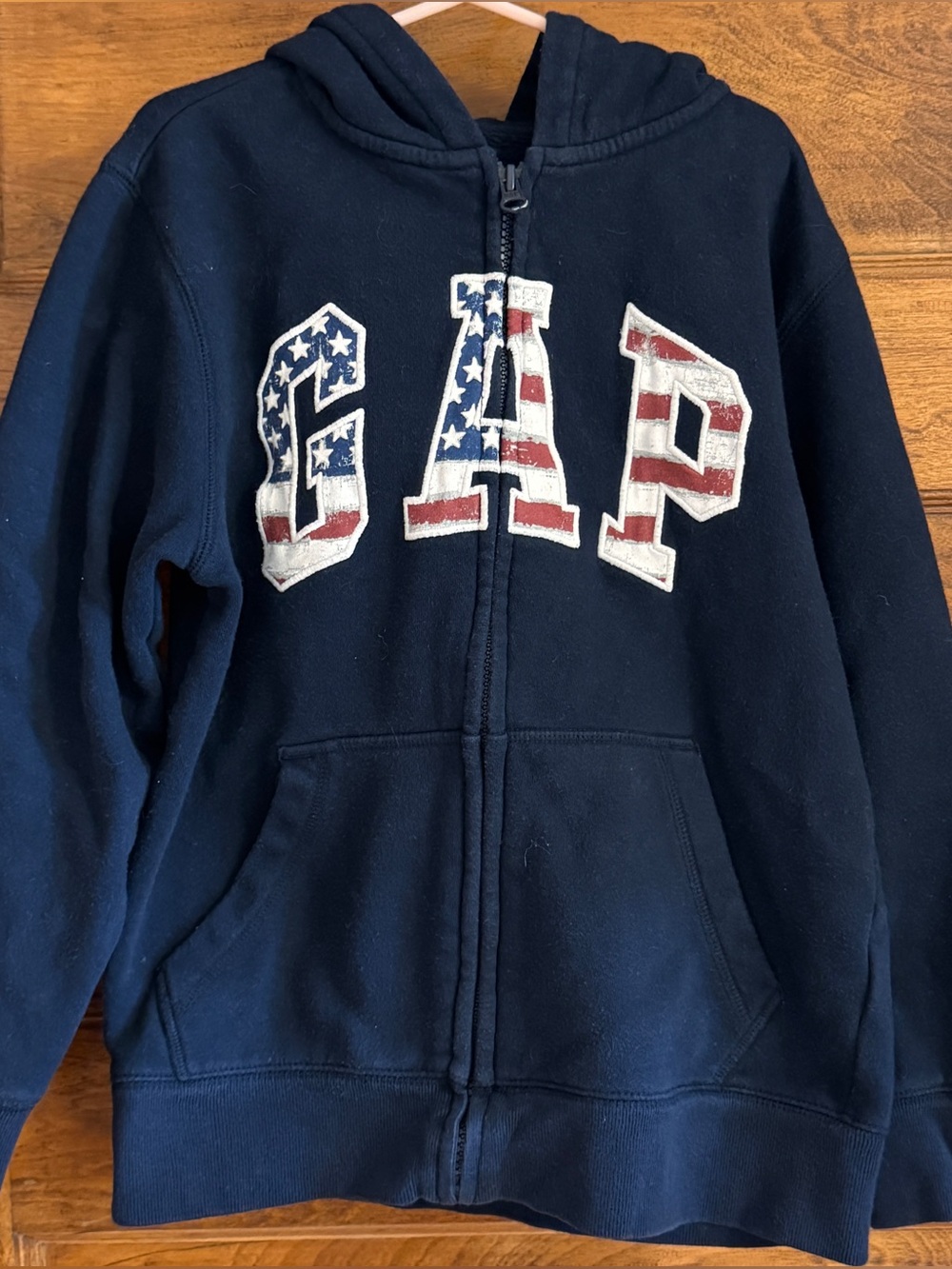 GAP Kids Navy Zip-Up Sweatshirt with American Flag Lettering Fourth of July, M